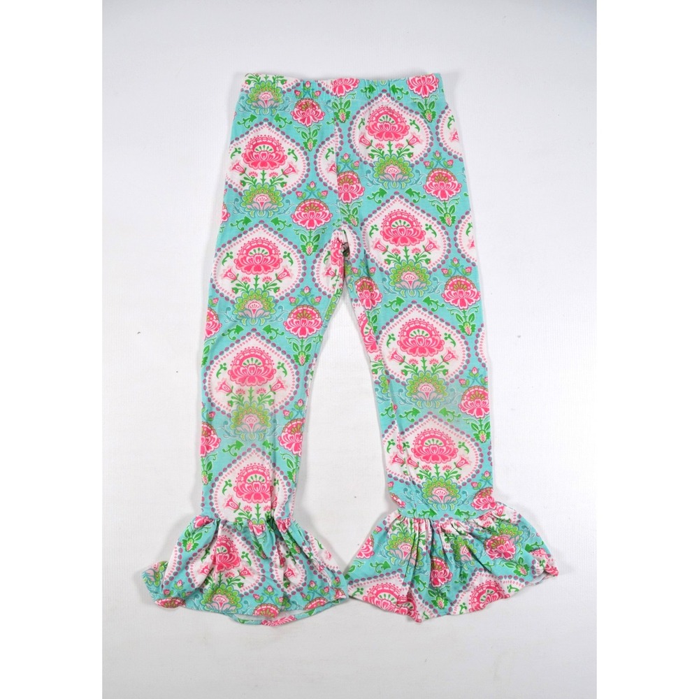 Mud Pie Toddler Girls Size 5T Green w/ Pink Flowers Ruffle Bottom Lounge Pants